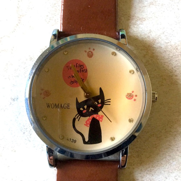 Kitty cat watch with brown leather strap - Picture 1 of 2